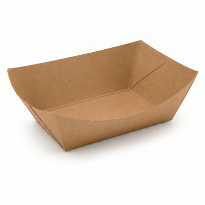 Brown paper food tray on a white background. The rectangular, open-topped container has angled sides, offering a simple, eco-friendly appearance.