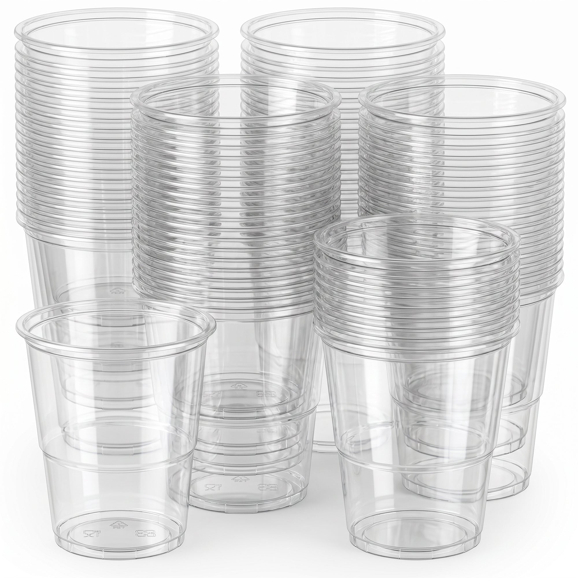 Stacks of clear plastic cups are arranged in a minimalistic display against a white background, conveying a sense of order and cleanliness.
