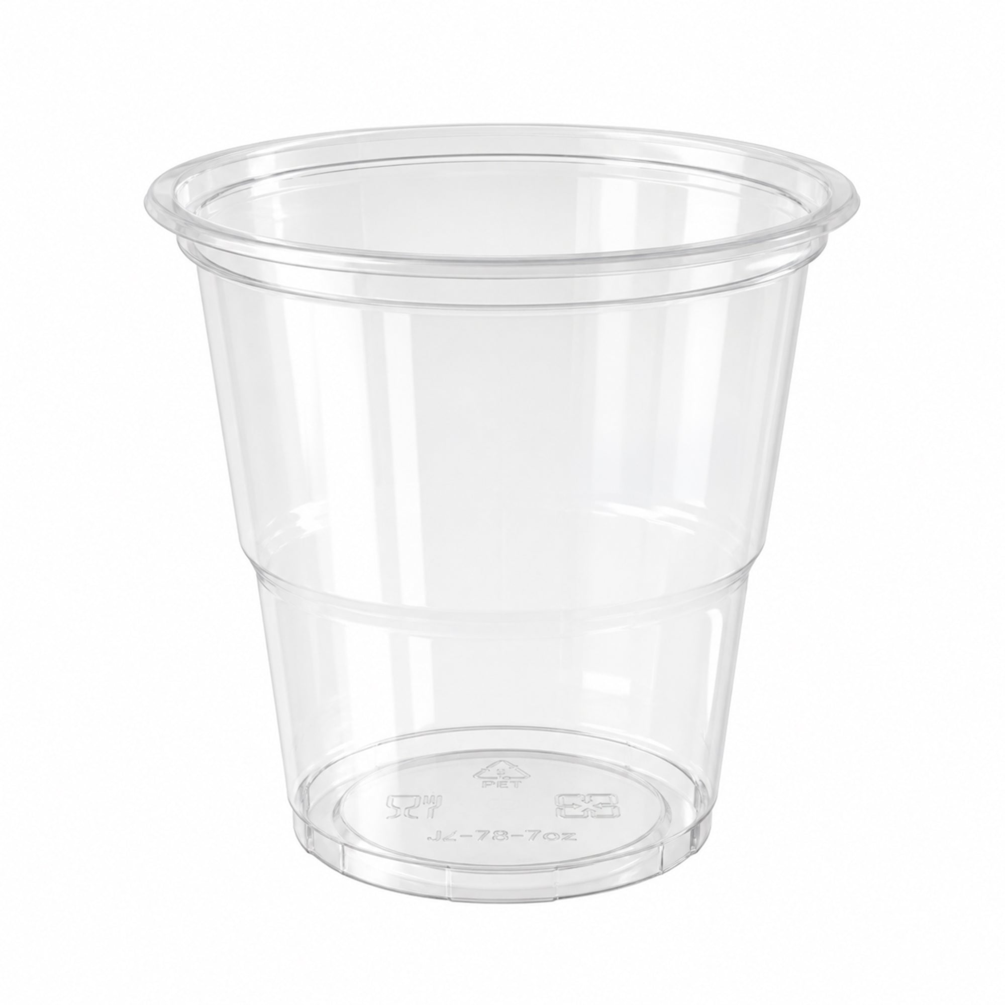 Clear plastic cup on a white background. The cup is transparent, showing subtle reflections, and is positioned in an upright stance.