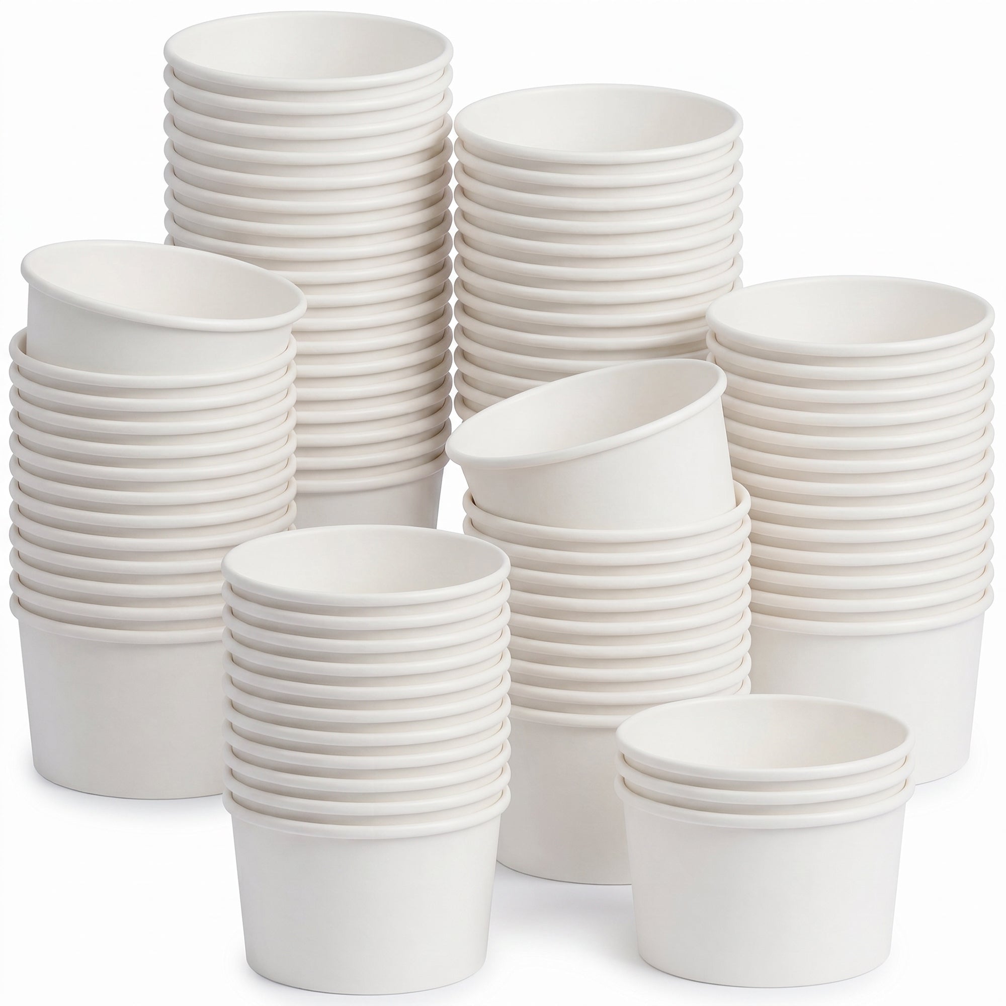 Stacks of plain white paper cups are arranged neatly, forming a semi-circle. The cups have a smooth texture and open tops, conveying simplicity.
