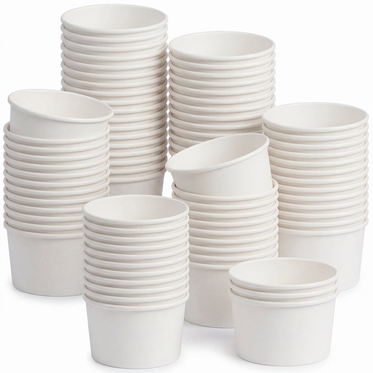 Stacks of plain white paper cups are arranged neatly, forming a semi-circle. The cups have a smooth texture and open tops, conveying simplicity.