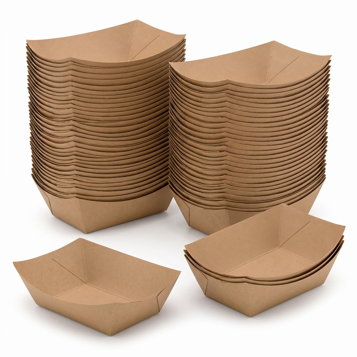 Stacks of brown, rectangular paper food trays, arranged in two tall piles and a small cluster. The trays convey a sense of eco-friendly, sustainable packaging.
