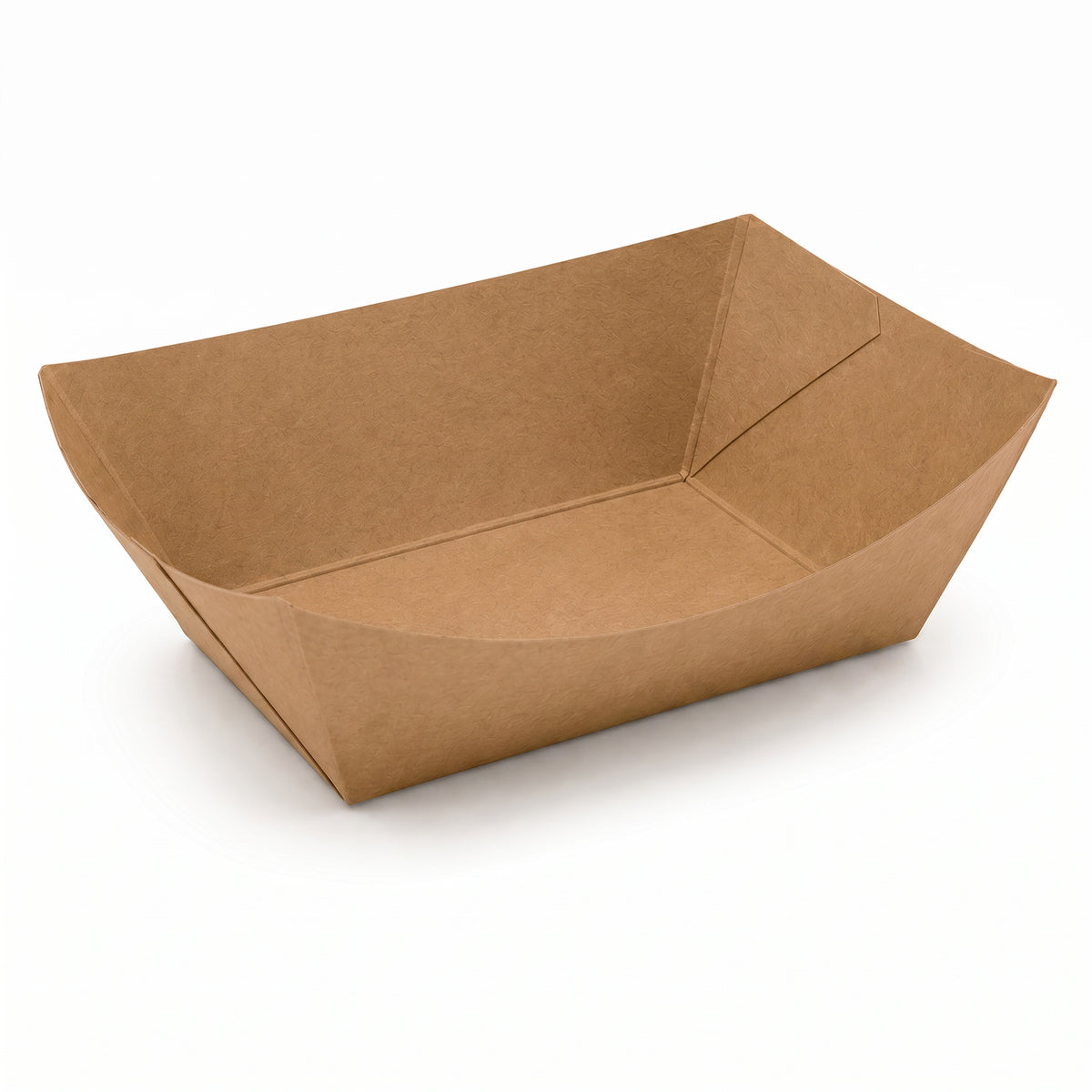 Brown kraft paper food tray with angled sides, set against a white background. The tray is empty, suggesting eco-friendly food serving.