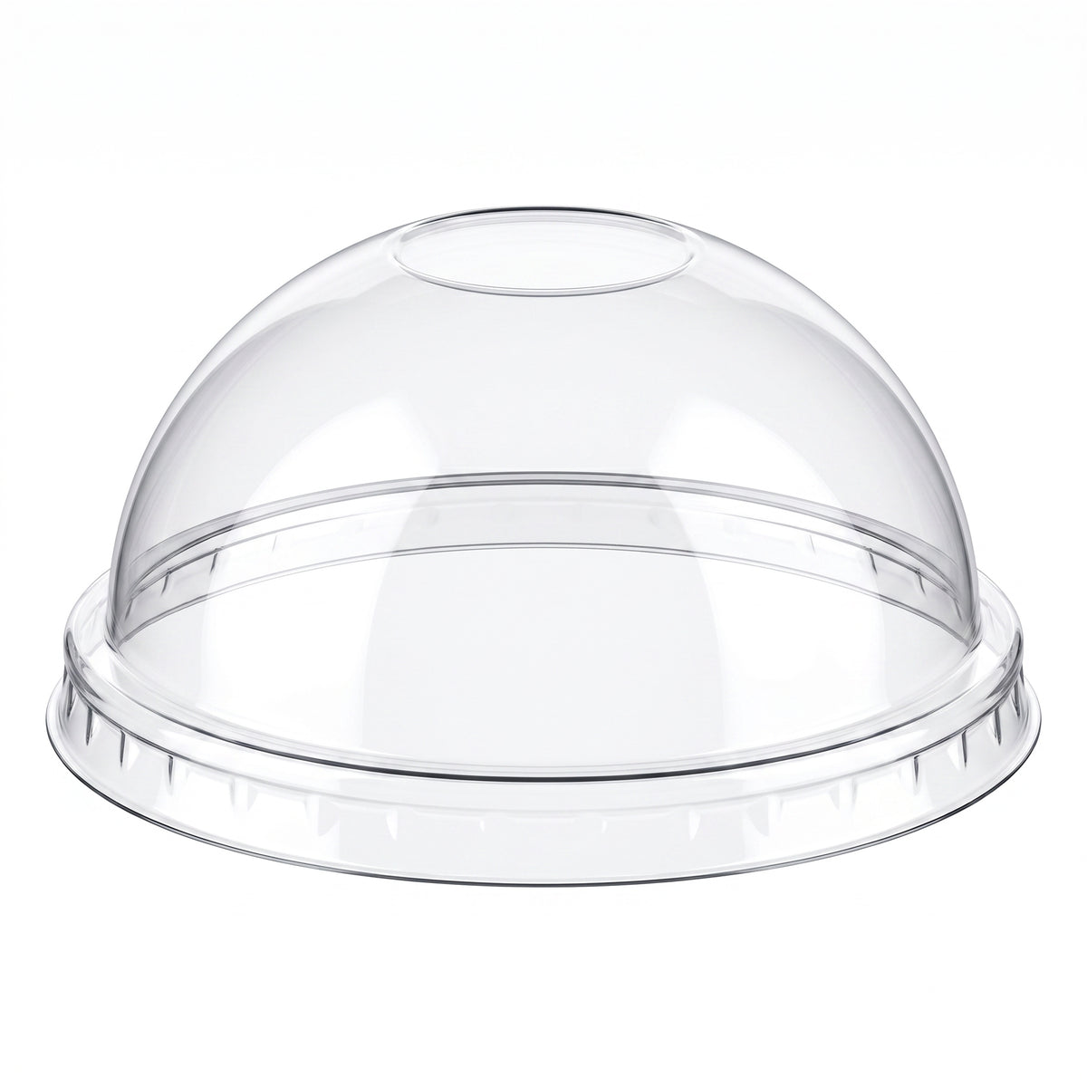 Clear plastic dome lid with a circular opening on top, designed for containers. Its smooth, glossy surface reflects light, conveying a clean, simple look.