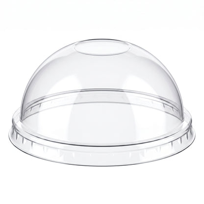 Clear plastic dome lid with a circular opening on top, designed for containers. Its smooth, glossy surface reflects light, conveying a clean, simple look.
