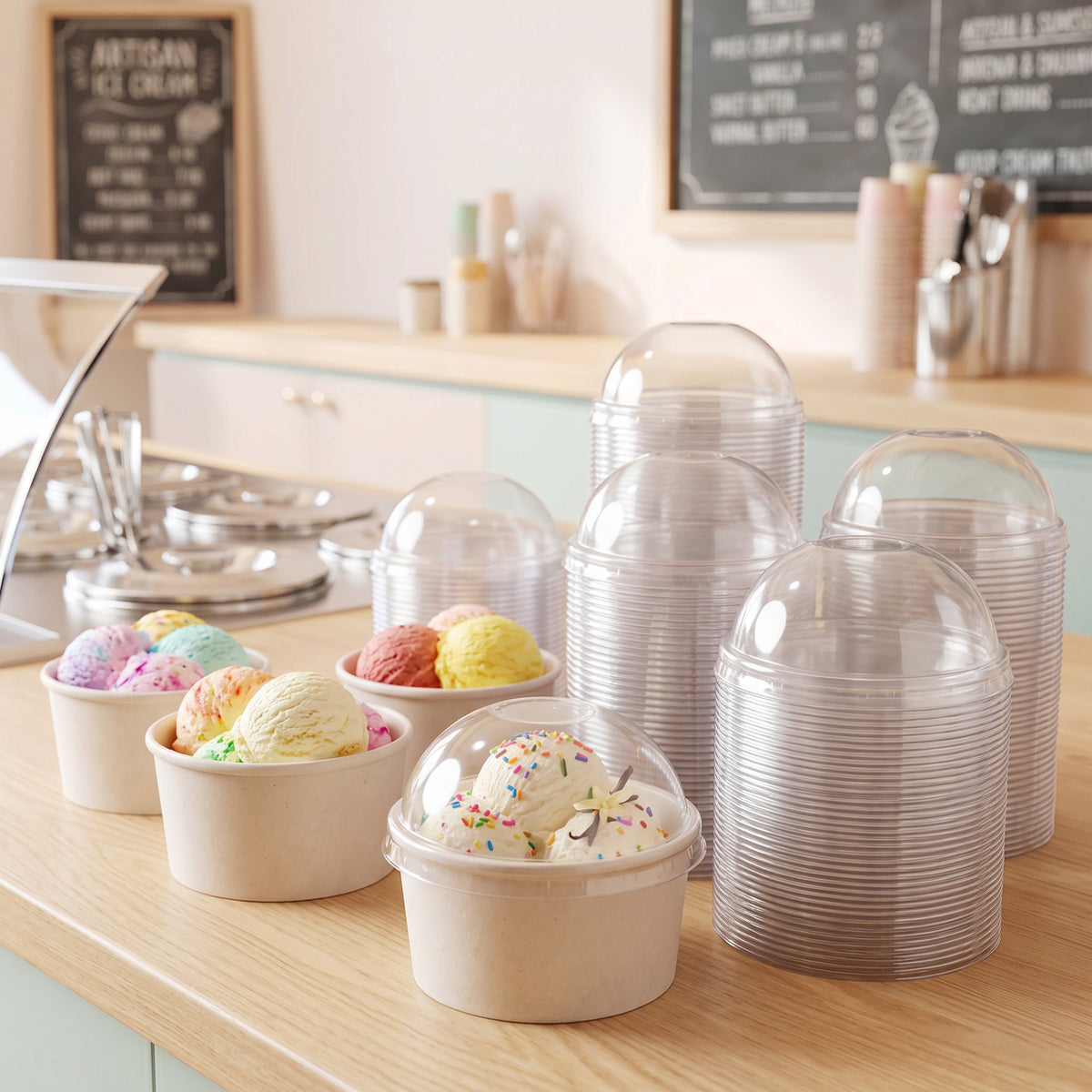 Assorted ice cream scoops in cups, surrounded by stacks of clear plastic lids, set on a light wooden counter in an ice cream shop with chalkboard menus.