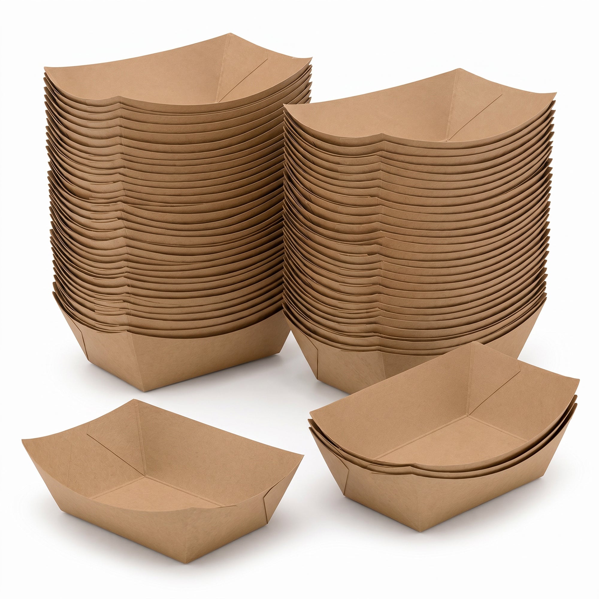 Stacks of brown, rectangular paper food trays with one tray displayed separately in front. The trays have a simple, eco-friendly appearance.