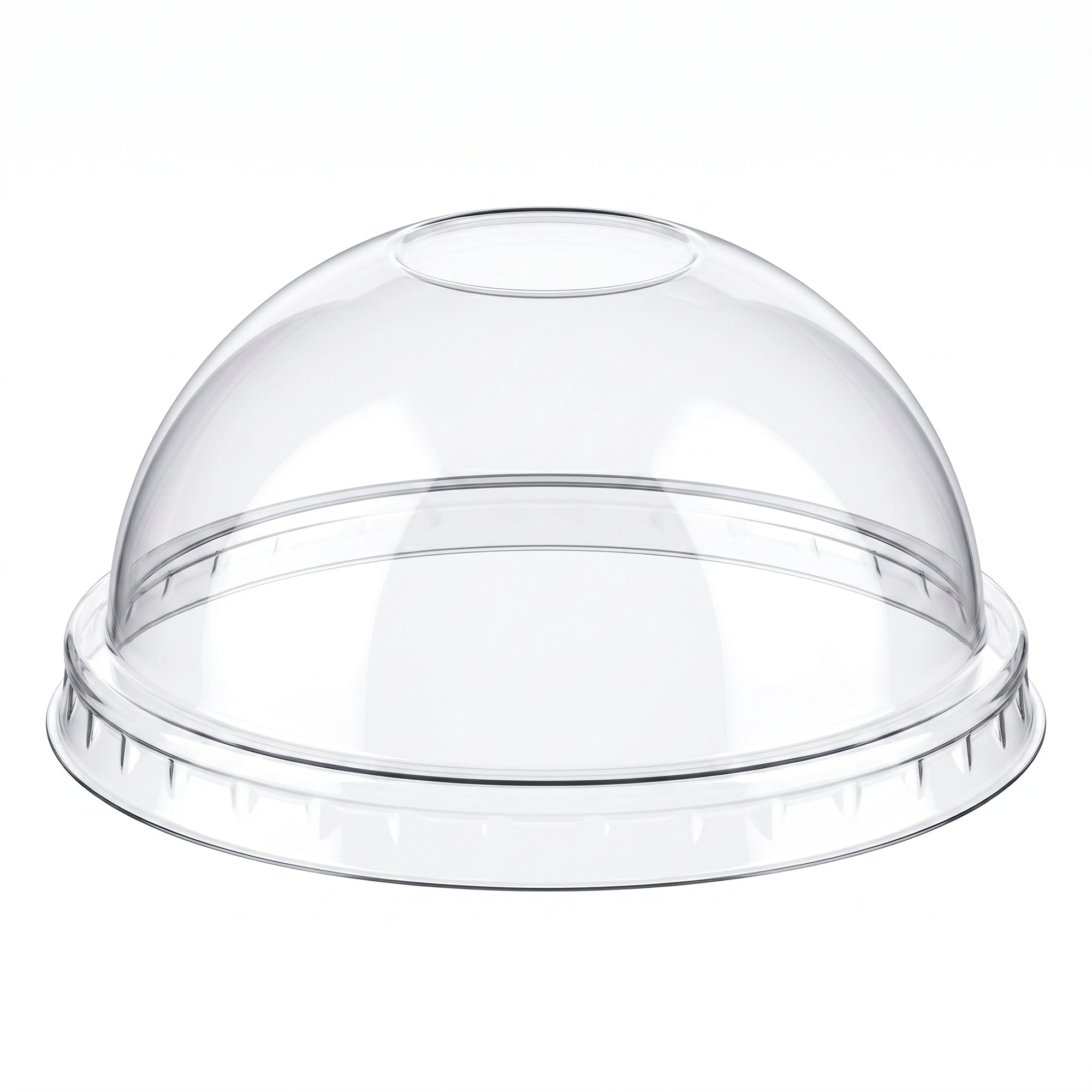 A clear plastic dome-shaped lid with a circular opening at the top. The lid is designed for disposable cups, highlighting its smooth, transparent surface.