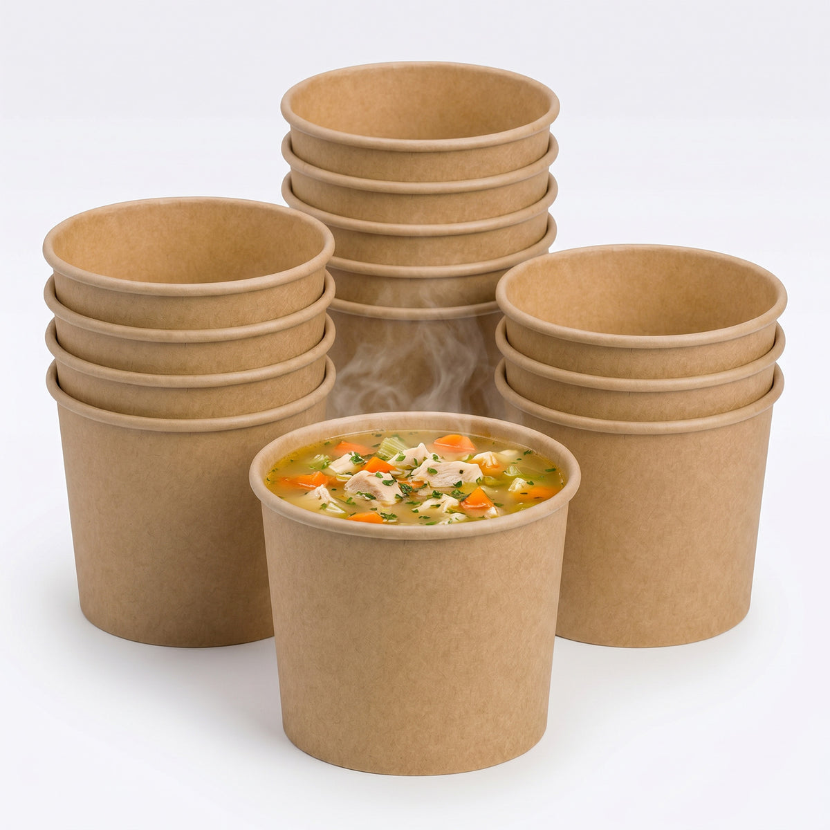 Stacked brown paper cups surround a steaming bowl of chicken soup with vegetables, suggesting warmth and comfort.