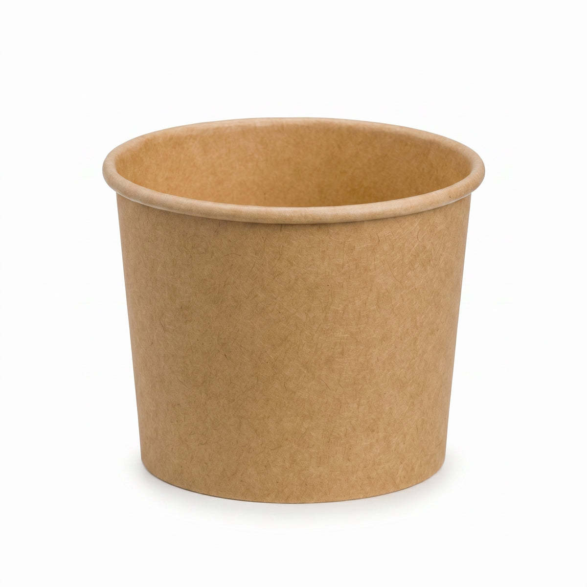 A plain, brown paper cup with a smooth texture sits against a white background, conveying simplicity and eco-friendliness.