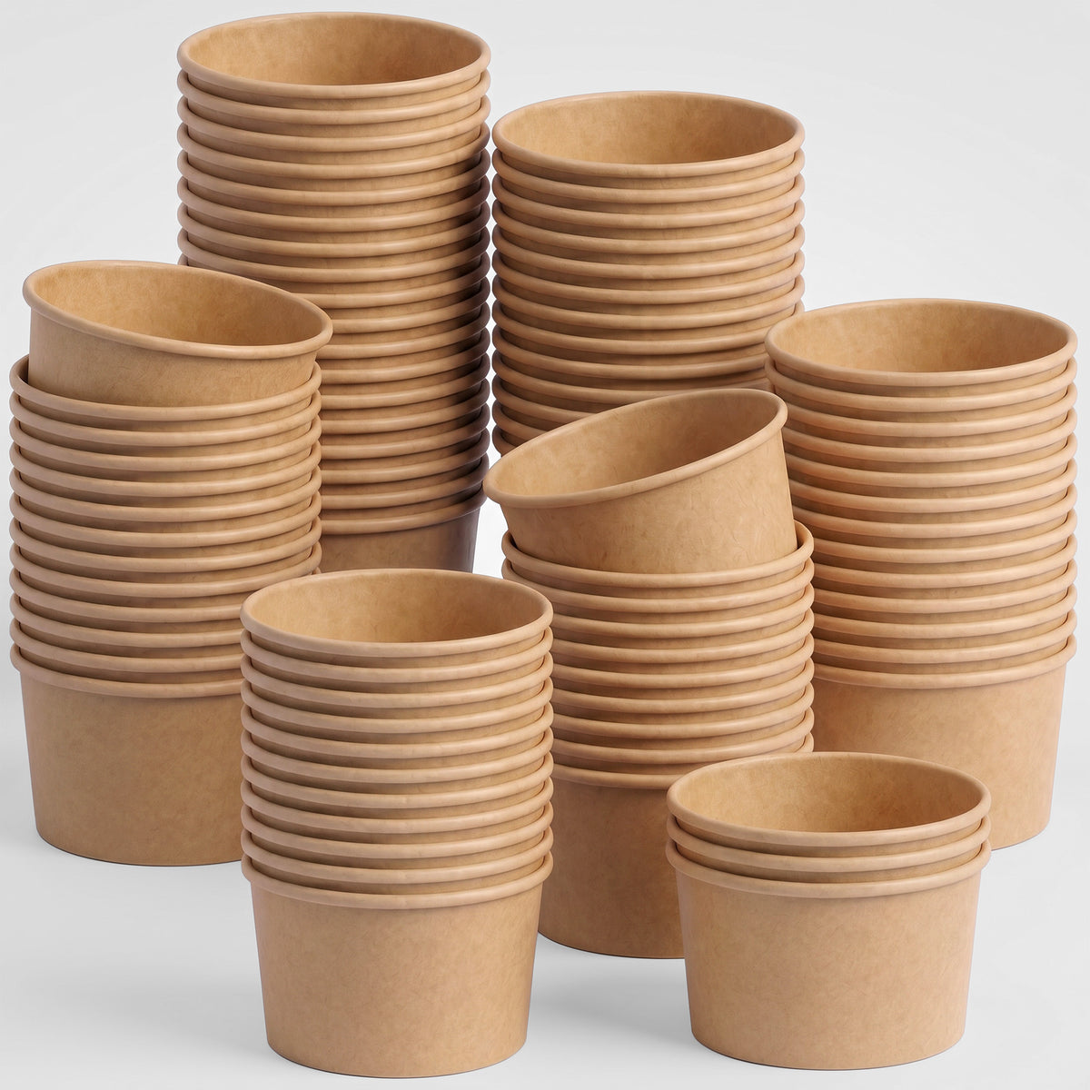 Stacks of nested, brown, biodegradable paper cups are arranged on a white surface, conveying an eco-friendly and organized tone.