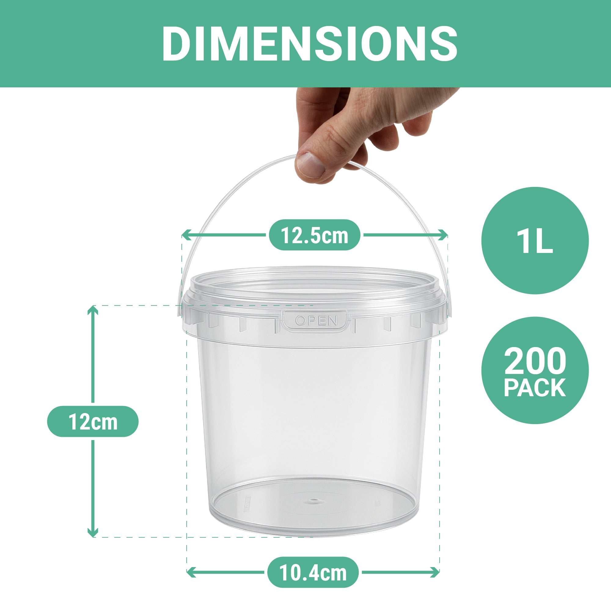 Clear 1L plastic tub with handle, showing dimensions 12.5 cm top diameter, 10.4 cm base diameter, and 12 cm height. The image also indicates that it comes in a 200-pack