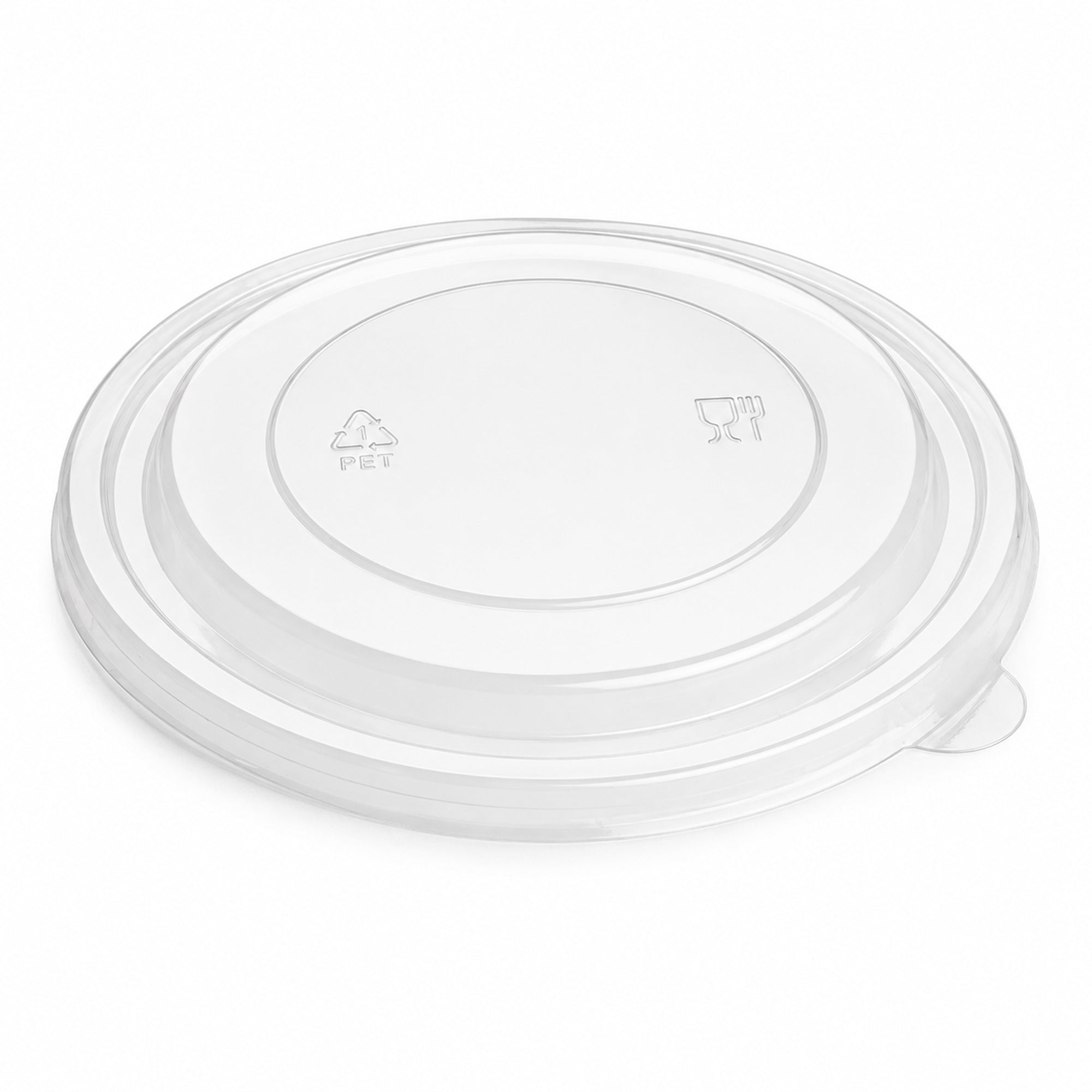 Clear, round plastic lid with PET recycling symbol and food-safe icon, lying flat on a white background. The lid has smooth, raised edges.