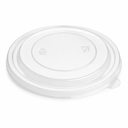 Clear, round plastic lid with PET recycling symbol and food-safe icon, lying flat on a white background. The lid has smooth, raised edges.