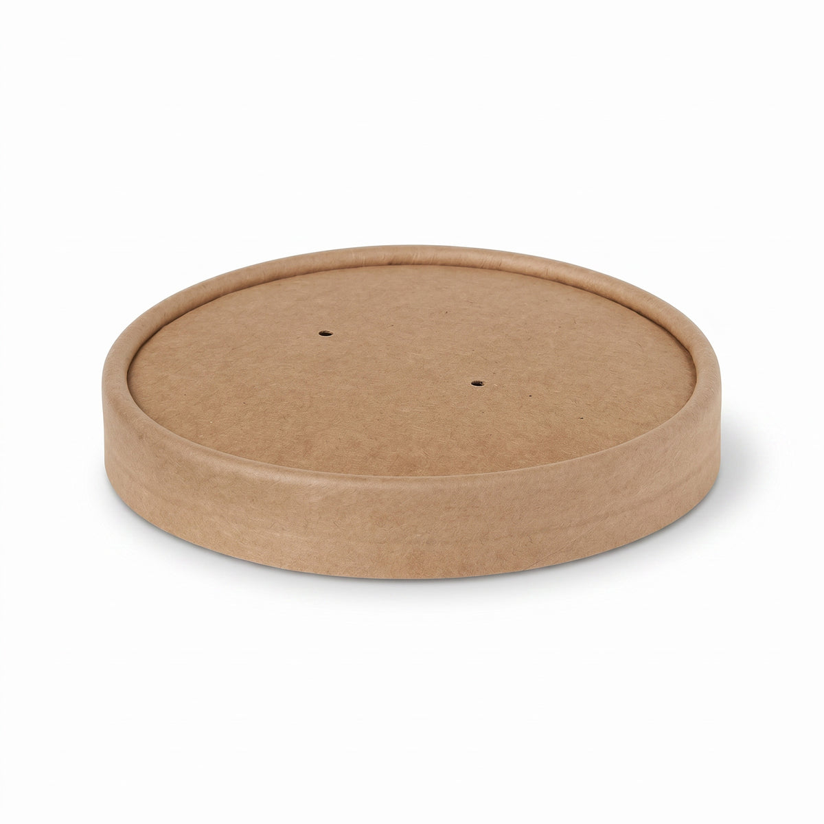 A round, beige, cardboard lid with two small holes on the surface rests on a white background. The lid has a smooth, simple design.