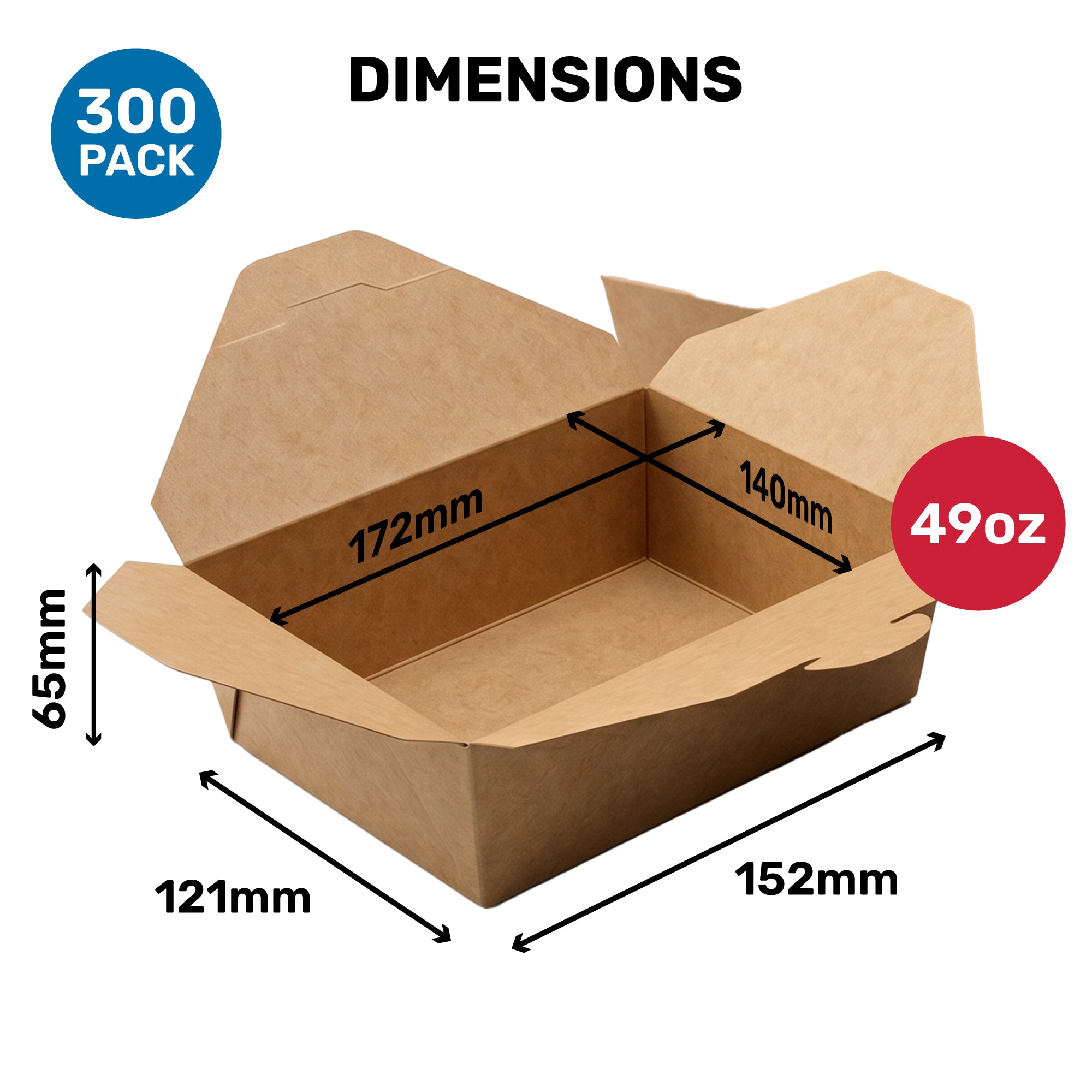 Cardboard takeout container with dimensions and weight information on a white background