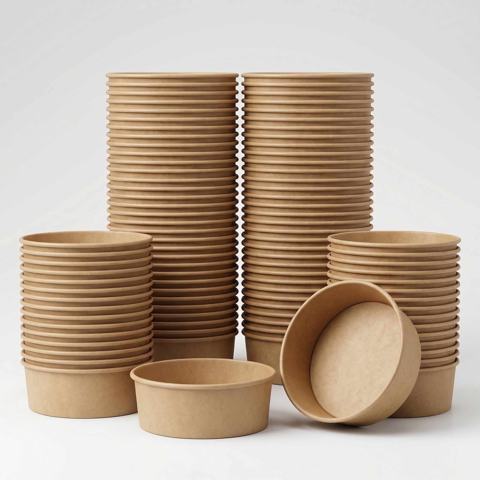 Stacks of brown, eco-friendly, compostable bowls are arranged against a plain background. One bowl is tipped, showing its smooth interior.