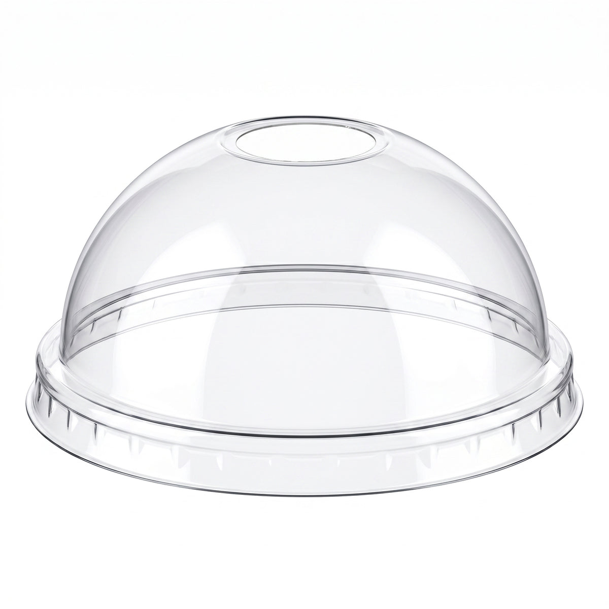 A clear, dome-shaped plastic lid with a central hole, designed for beverage cups. The smooth transparent surface suggests a clean, simple design.
