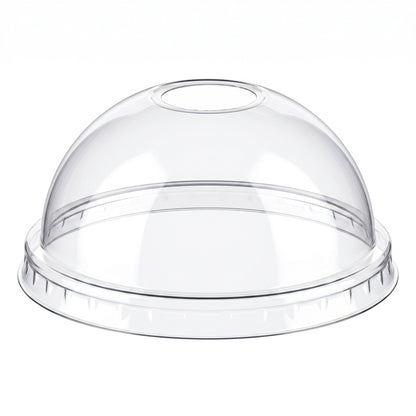 A clear, dome-shaped plastic lid with a central hole, designed for beverage cups. The smooth transparent surface suggests a clean, simple design.