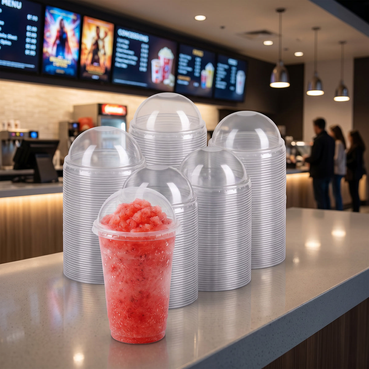 A watermelon slushie in a clear cup with a domed lid is placed on a counter in a cinema lobby. Stacks of identical empty cups and a blurred menu board are visible.