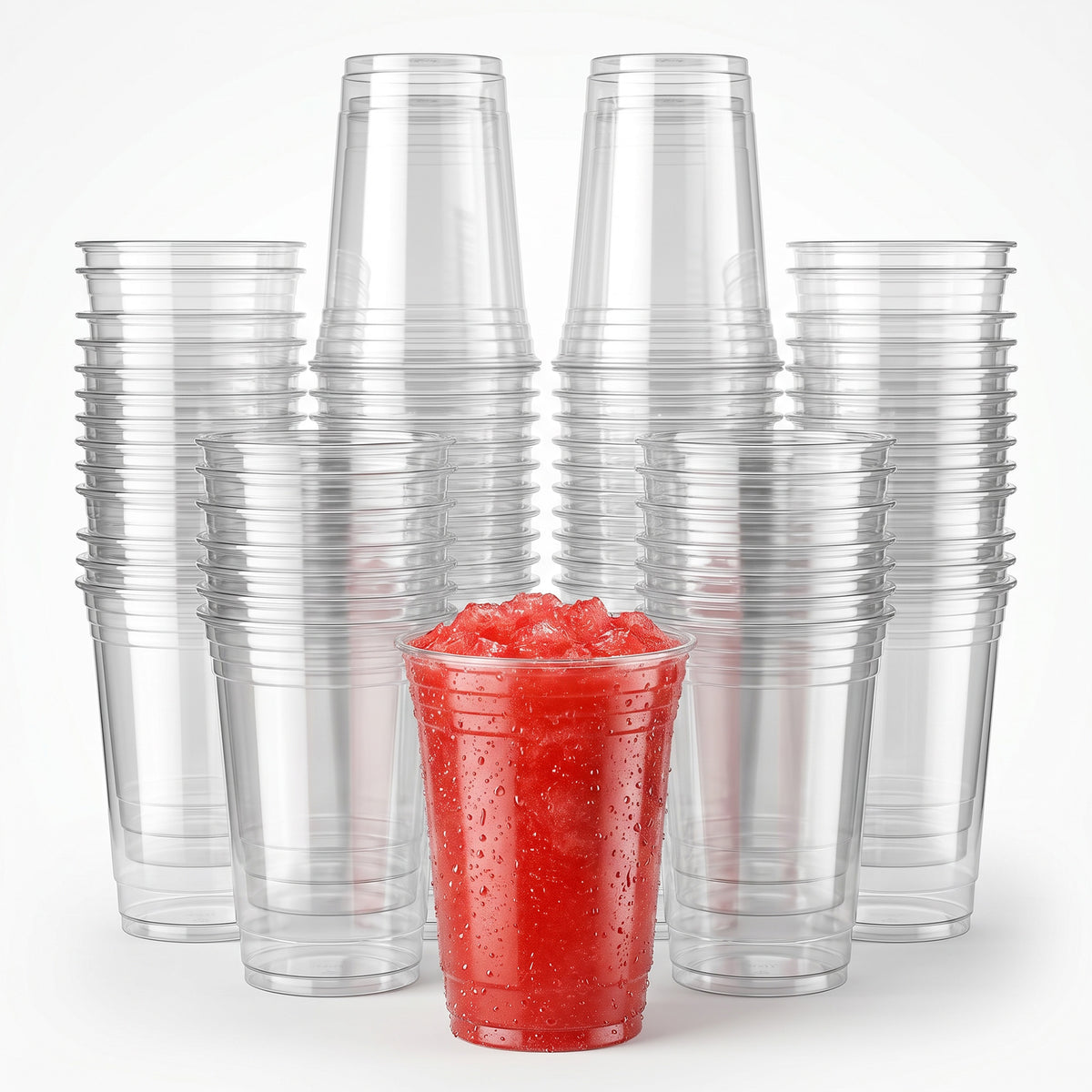 A collection of transparent plastic cups is stacked in rows. In front, a single cup filled with vibrant red ice slush stands out, creating a striking contrast.