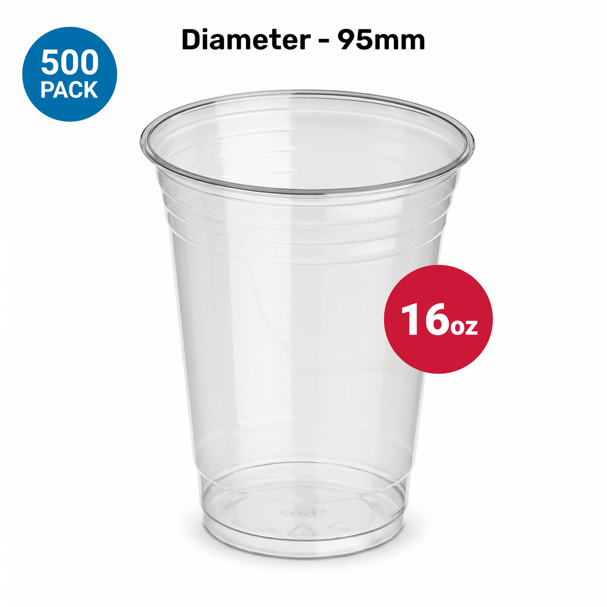 Clear plastic cup, 16 oz with a 95mm diameter, shown against a white background. Blue circle indicates a 500-pack. Simple, practical design.