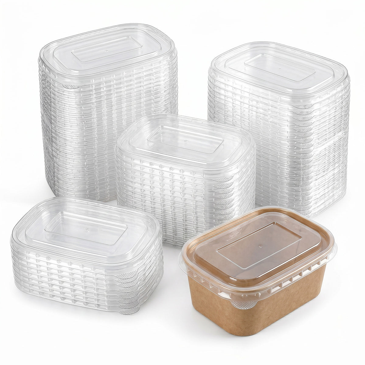Stacks of transparent plastic food containers are neatly arranged. In front, a single brown paper container with a clear lid stands out, suggesting eco-friendliness.