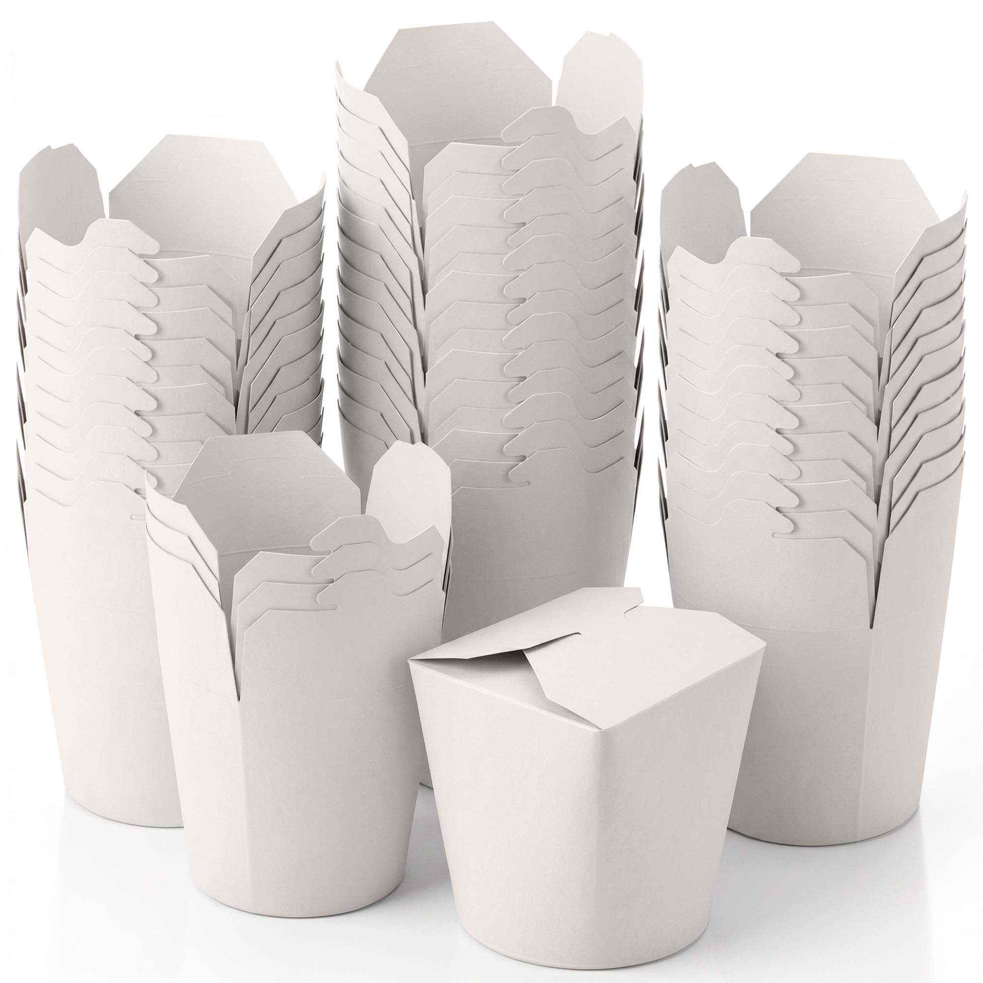 Stacks of open, white paper takeout containers are arranged neatly. In the foreground, a closed container sits, conveying a sense of order and readiness.