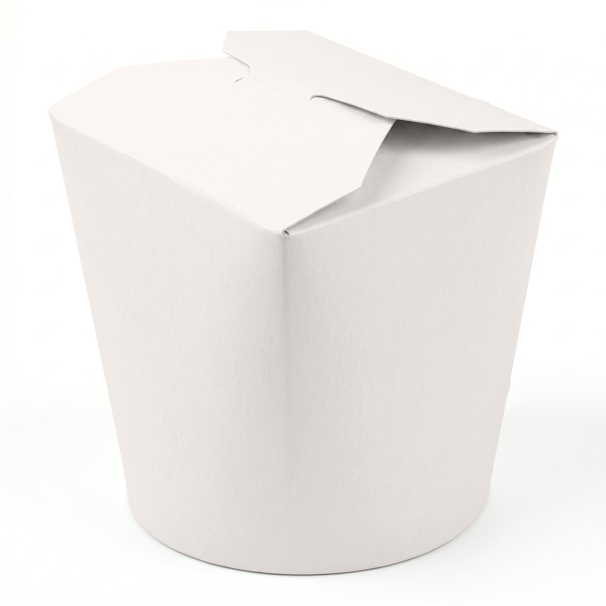 White paper takeout box with a folded top lid, positioned on a plain background. The clean and simple design conveys a minimalist vibe.