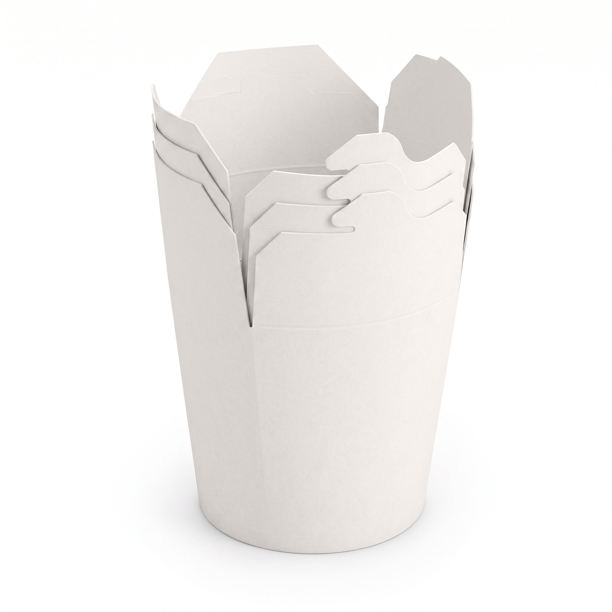White paper noodle box with unfolded flaps, set against a plain white background. The image conveys simplicity and functionality suitable for food packaging.