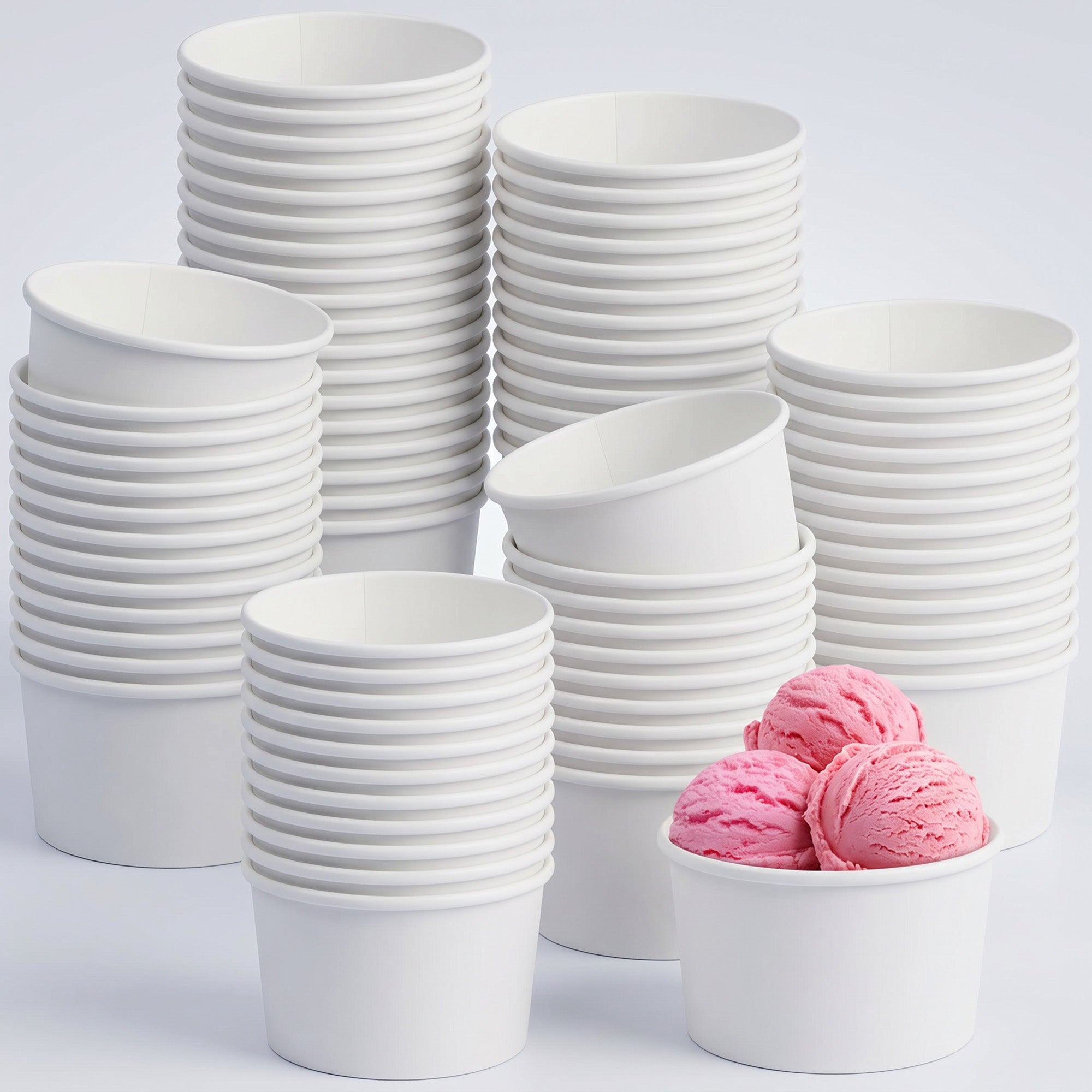 Stacks of white, empty ice cream cups are arranged with one cup holding two scoops of bright pink ice cream, creating a playful contrast.
