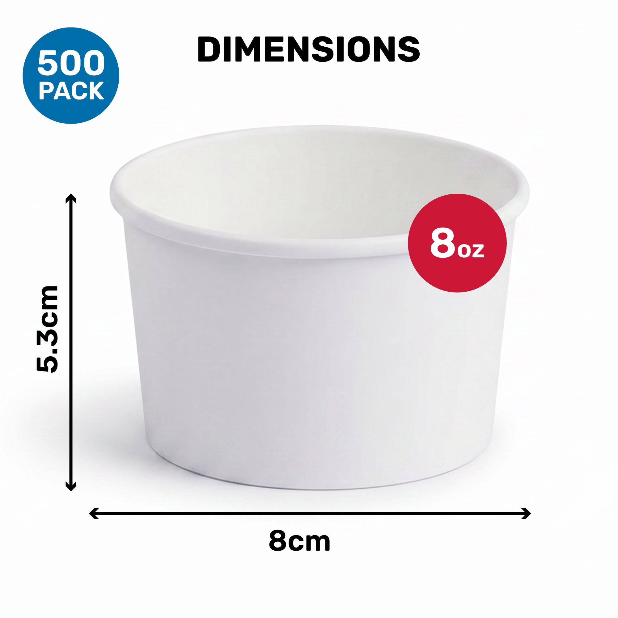 White paper cup labeled "8 oz" in a red circle. Dimensions marked are 8 cm width and 5.3 cm height. "500 Pack" is shown in a blue circle.