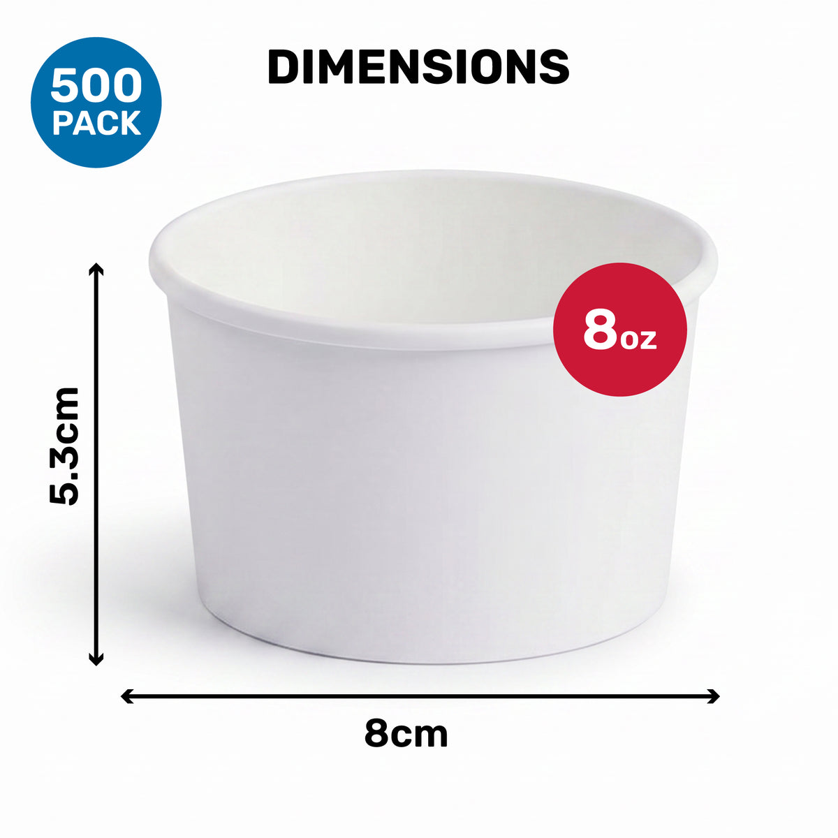 White paper cup labeled "8 oz" in a red circle. Dimensions marked are 8 cm width and 5.3 cm height. "500 Pack" is shown in a blue circle.
