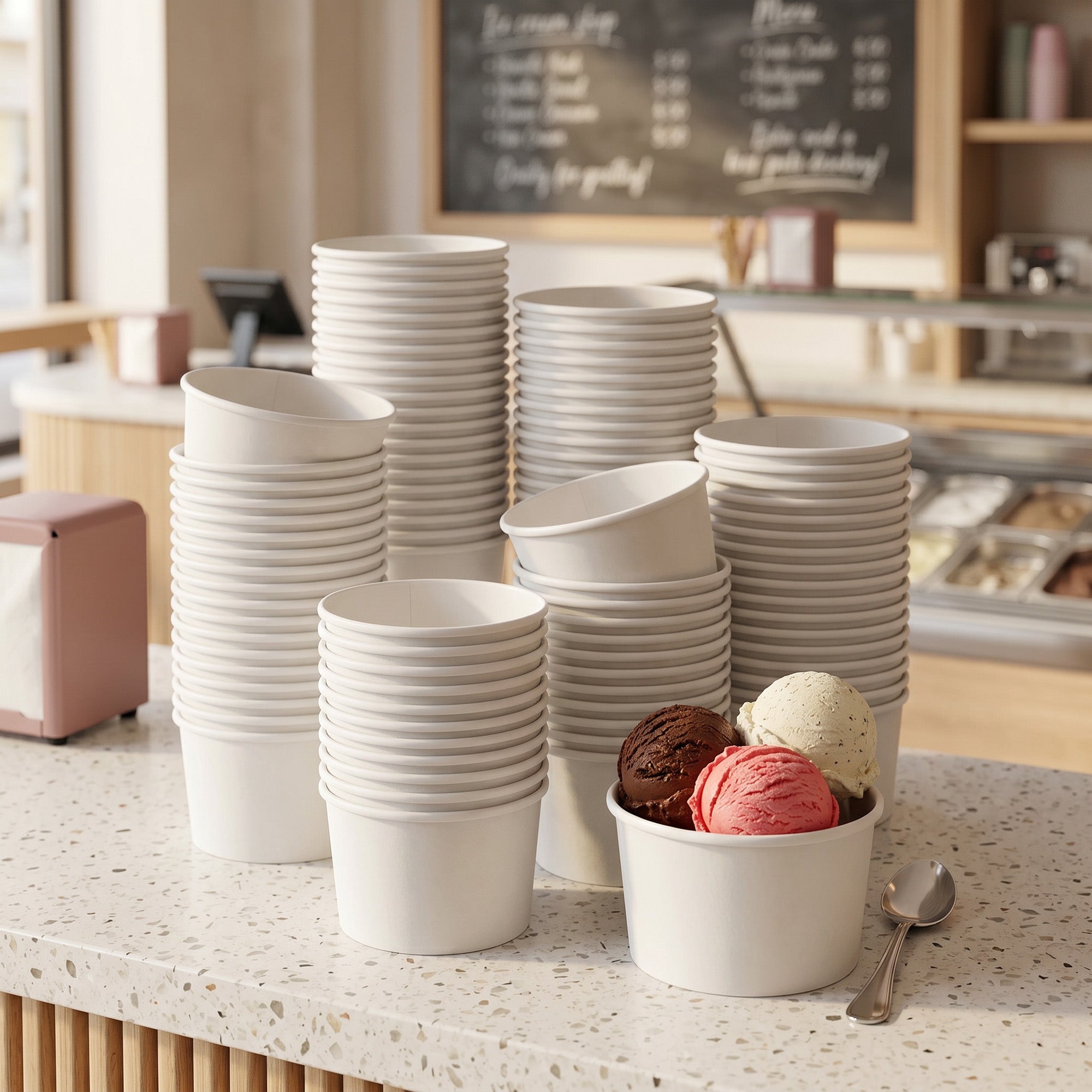 Stacks of white paper ice cream cups on a counter next to a bowl with three ice cream scoops: chocolate, strawberry, vanilla. A spoon lies beside them.