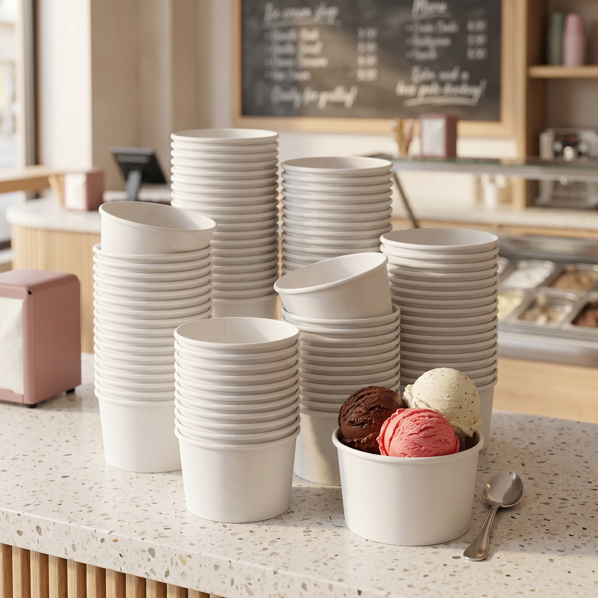 Stacks of white paper ice cream cups on a counter next to a bowl with three ice cream scoops: chocolate, strawberry, vanilla. A spoon lies beside them.