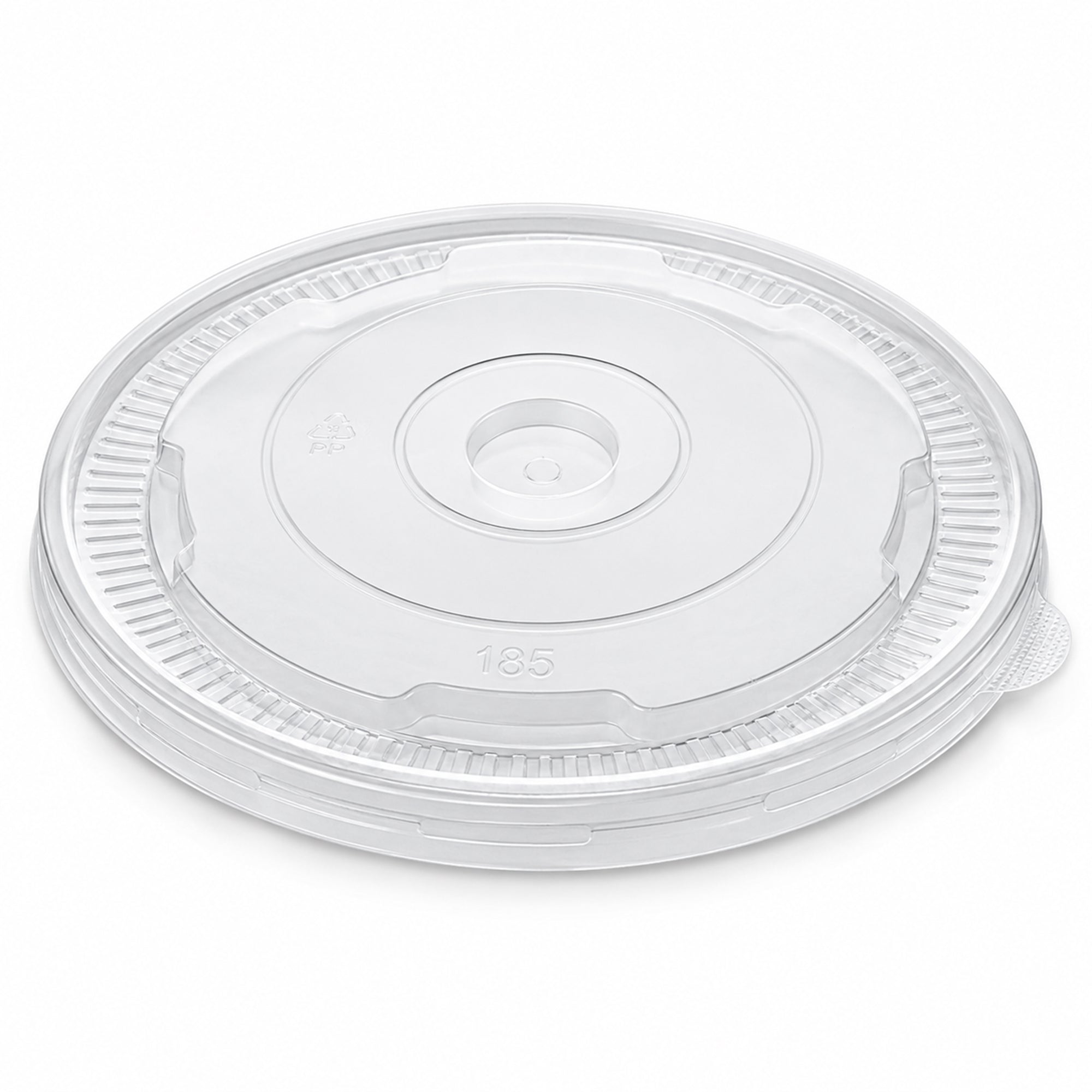 Clear plastic lid with a circular design, featuring a small central hole and textured edges. The number 185 is embossed near the center.