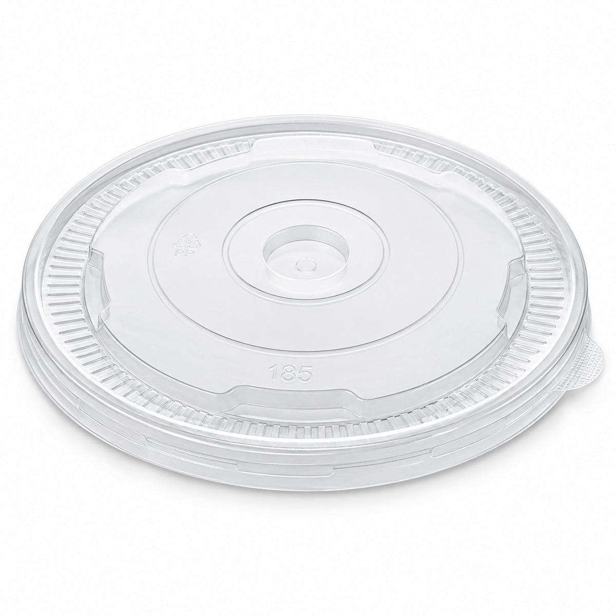 Clear plastic lid with a circular design, featuring a small central hole and textured edges. The number 185 is embossed near the center.