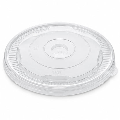 Clear plastic lid with a circular design, featuring a small central hole and textured edges. The number 185 is embossed near the center.
