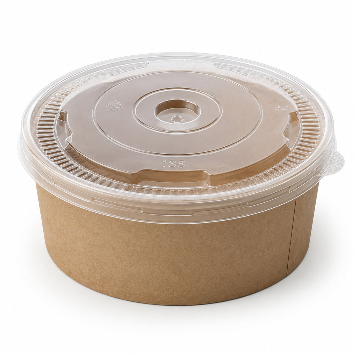 A brown, round takeout container with a clear plastic lid, placed against a white background. The container is simple, functional, and eco-friendly.