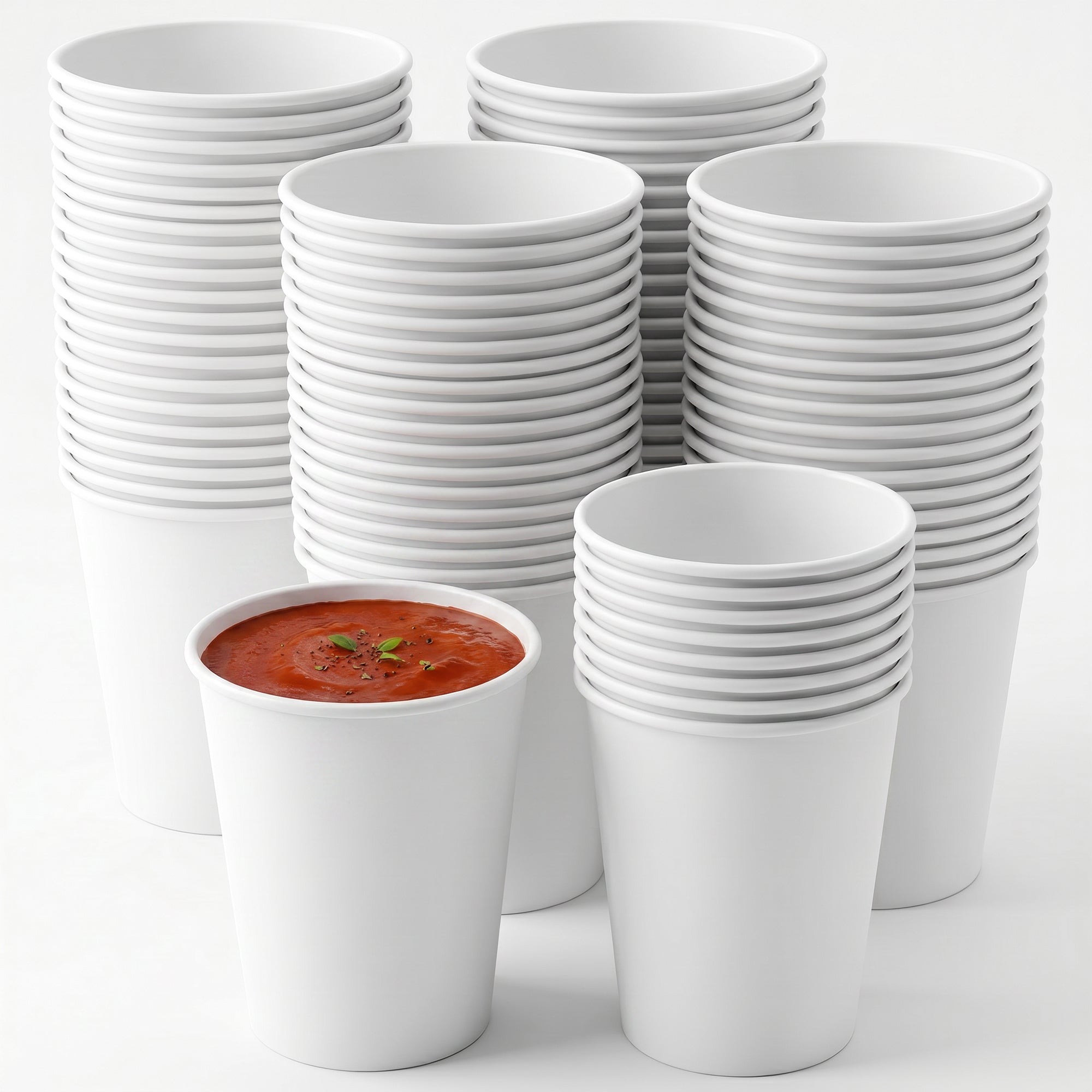 A stack of white paper cups surrounds a single cup filled with tomato soup, garnished with herbs. The scene is minimalist and orderly.