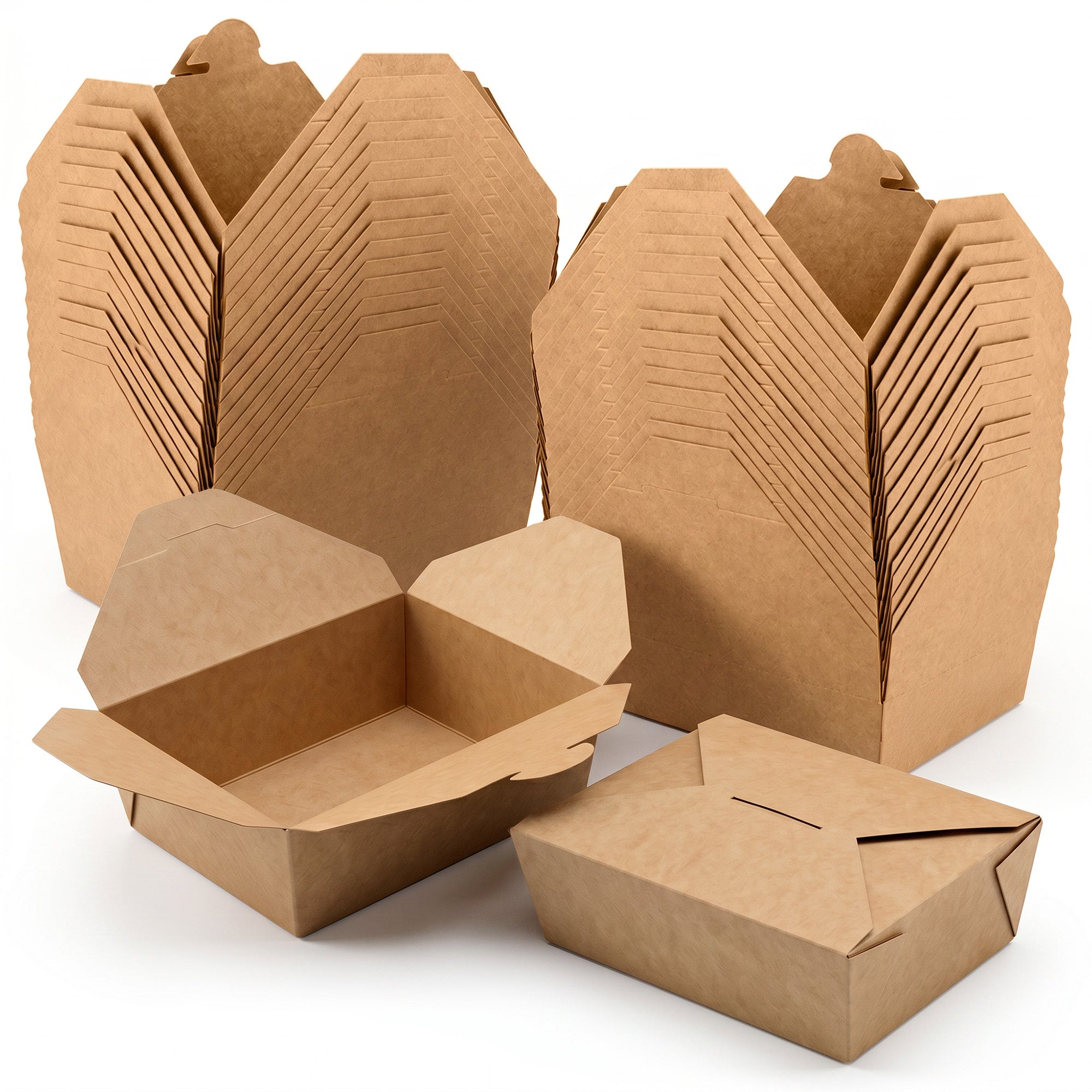 Stacks of brown paper takeout boxes are shown. One box is open, another closed, highlighting their eco-friendly design and functionality. Clean, efficient vibe.
