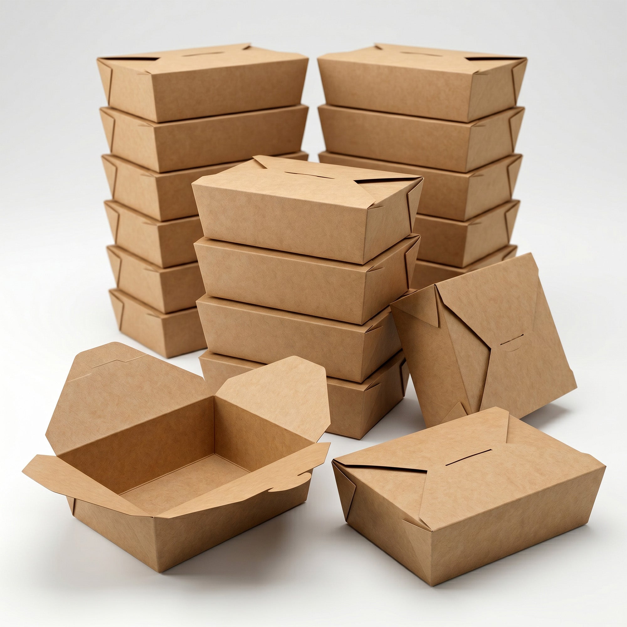 Stacks of brown paper takeout boxes are neatly arranged. One box is open, revealing a simple, eco-friendly design, conveying sustainability.