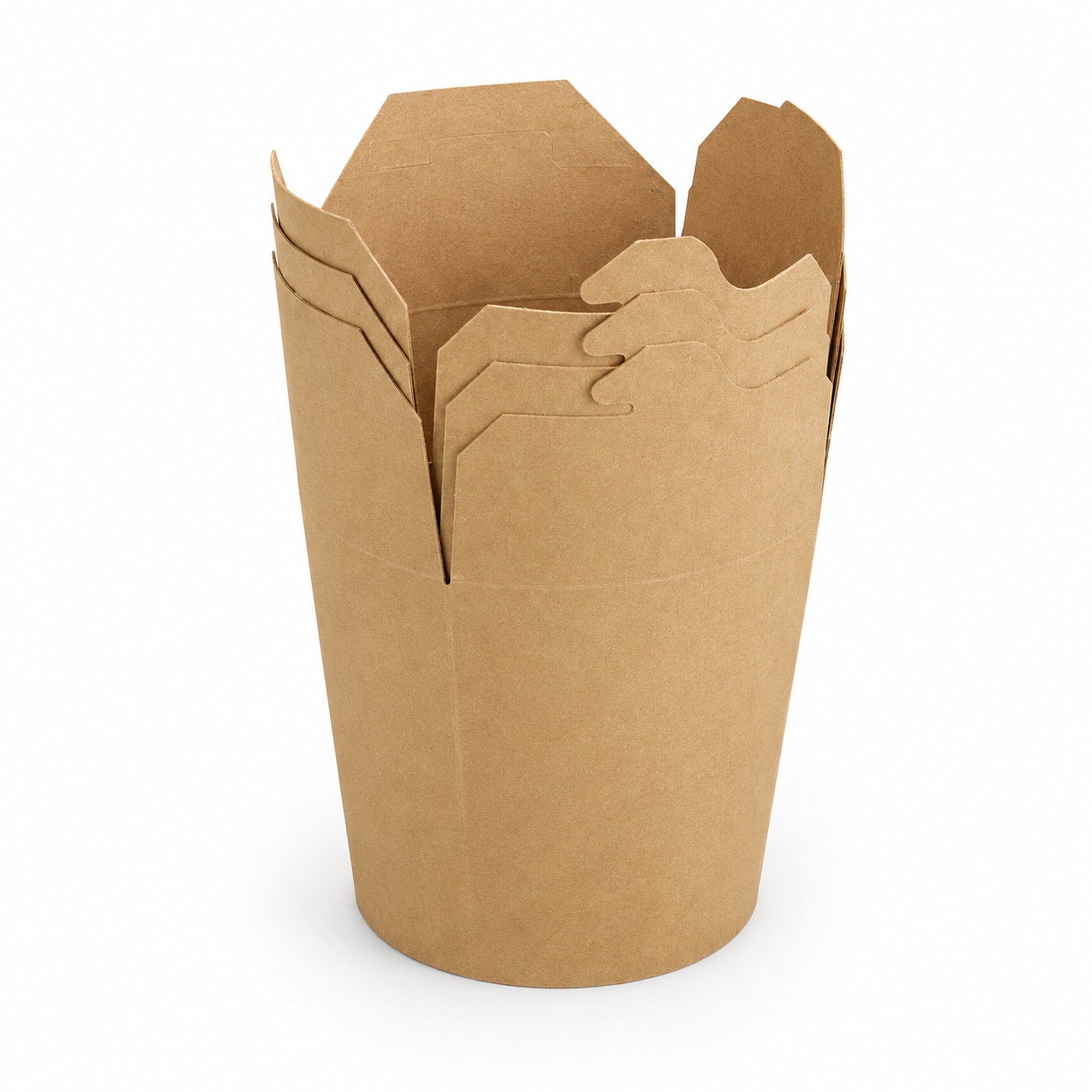 Brown, deep paper cup with multiple foldable flaps partially open, arranged in a staggered pattern. It's sturdy, simple, and eco-friendly.