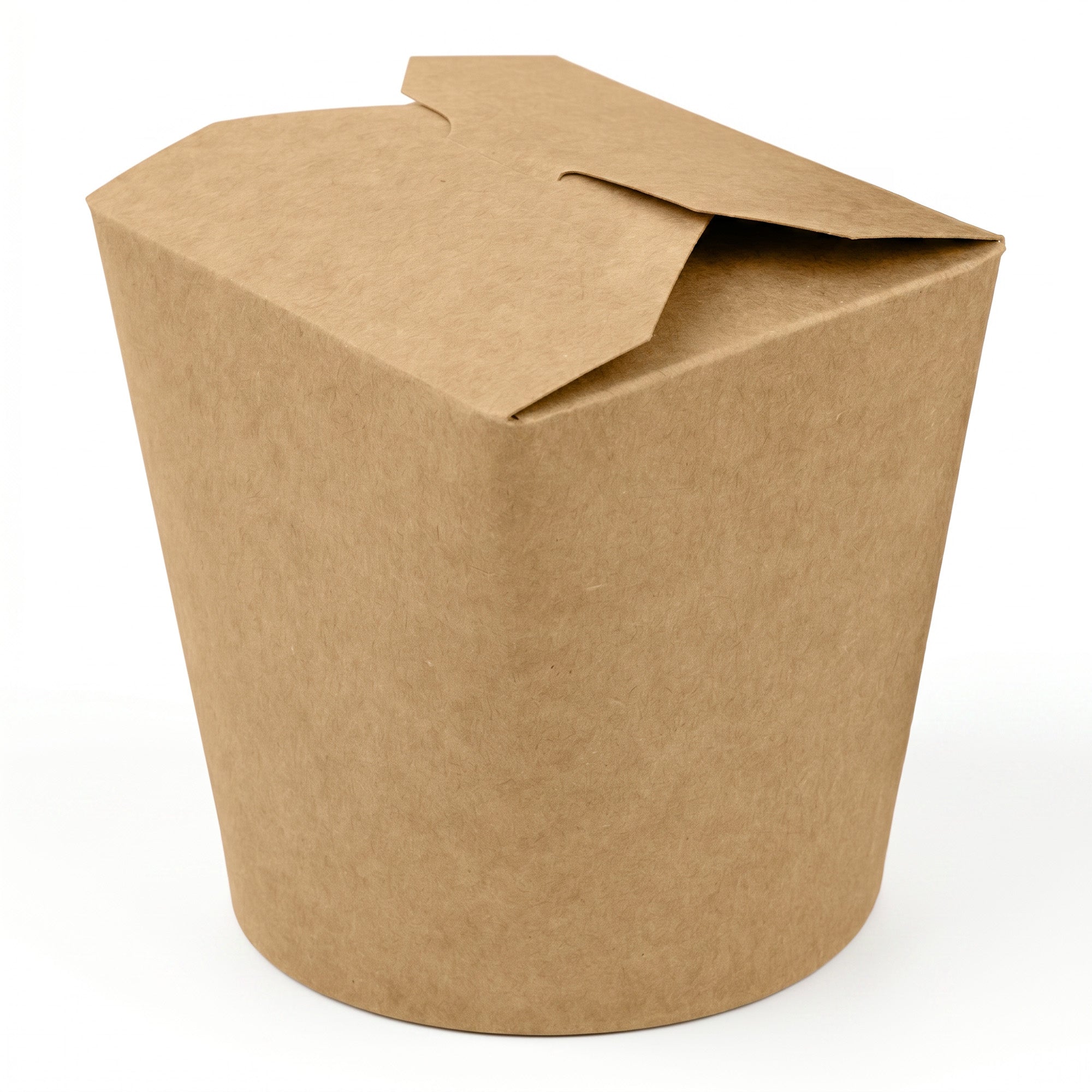 A brown, closed cardboard takeout container with a folded top, displayed against a plain white background. The container appears simple and eco-friendly.
