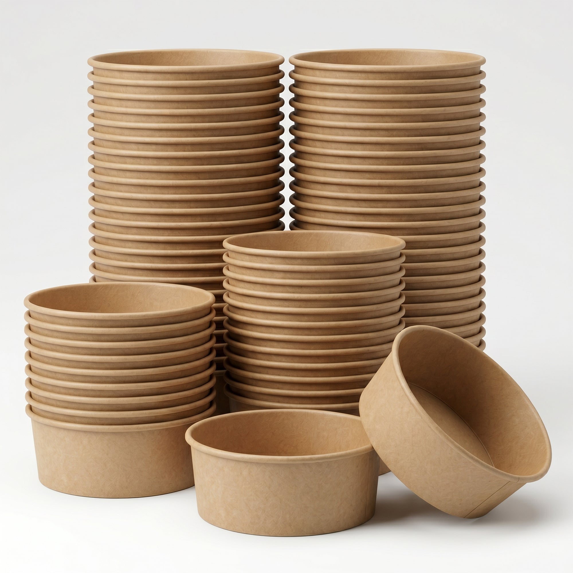 Stacks of brown paper bowls are arranged against a plain white background. The eco-friendly design emphasizes sustainability and minimalism.