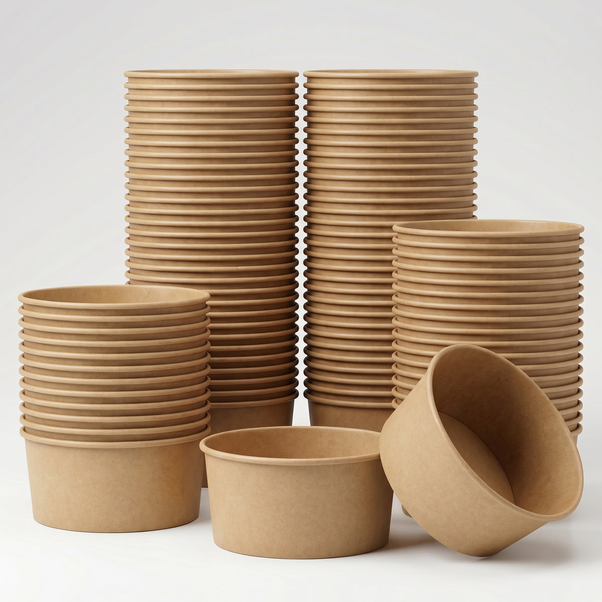 A stack of brown, paper food containers in various sizes, arranged neatly against a plain background.