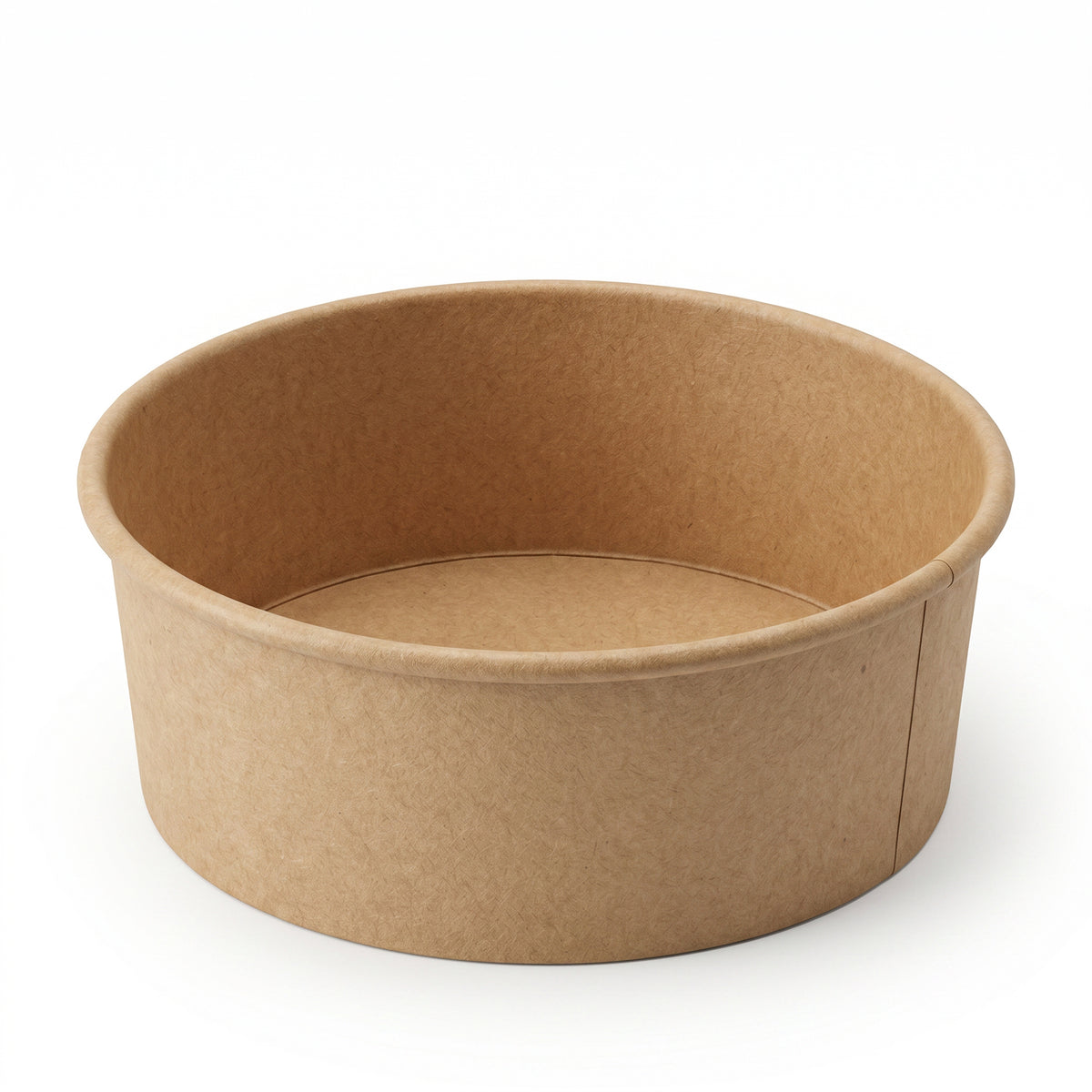 A plain, brown, round paper bowl with vertical sides and a smooth, matte finish. It is empty and sits on a white background, conveying simplicity.