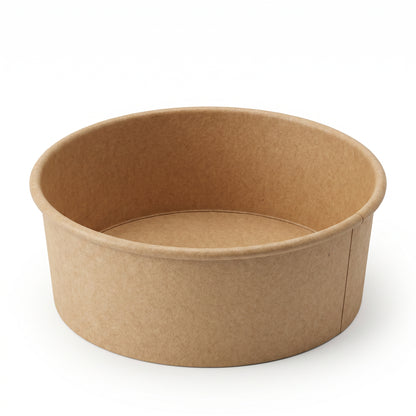 A plain, brown, round paper bowl with vertical sides and a smooth, matte finish. It is empty and sits on a white background, conveying simplicity.