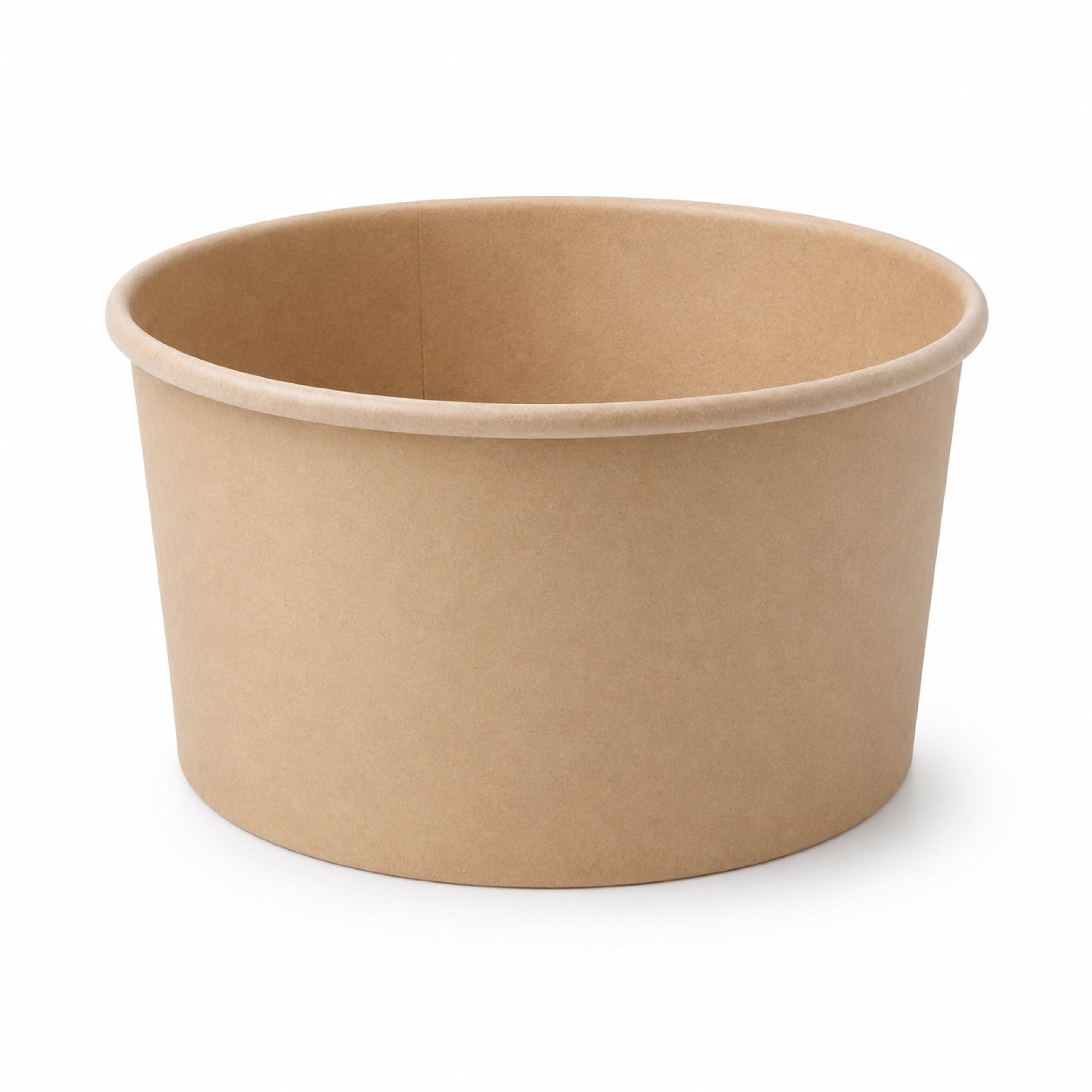 A plain, round, brown paper bowl or container.