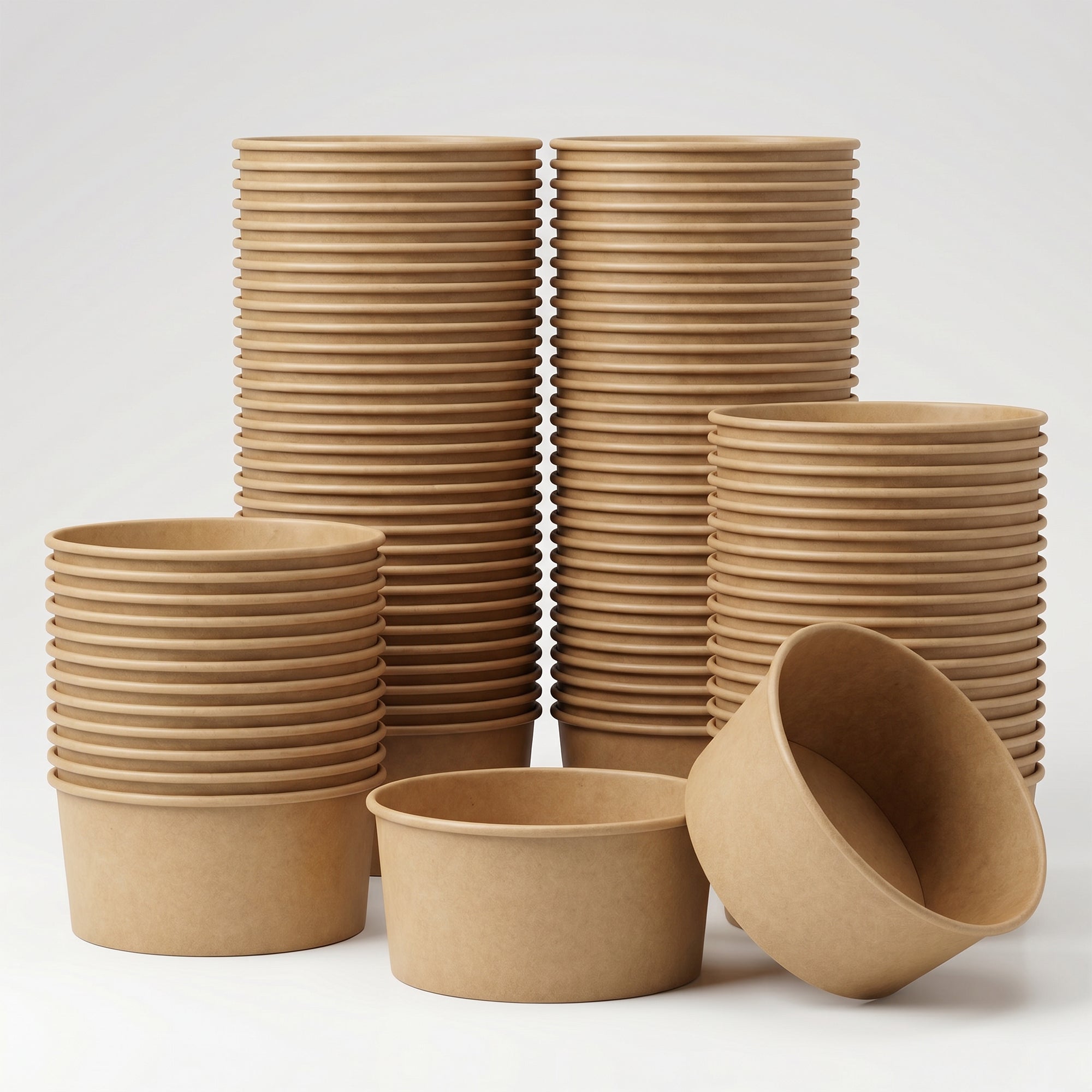 Stacks of brown paper bowls are neatly arranged against a plain background. One bowl is tipped over, adding a touch of dynamic detail.